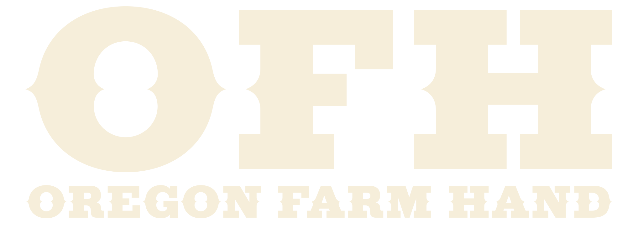 The logo features the word 'ORE' in large, cream-colored block letters with a stylized design, and underneath, in smaller cream text, it says 'OREGON FARM HAND'.