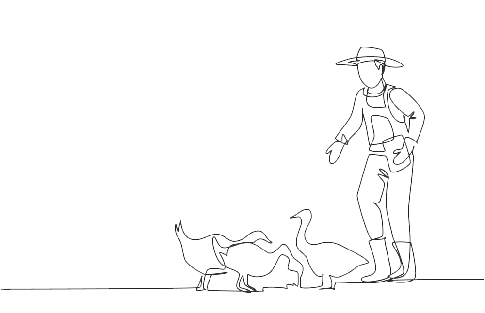A line drawing of a person wearing a hat, jacket, and boots, holding a birding guidebook, with three ducks on the ground.