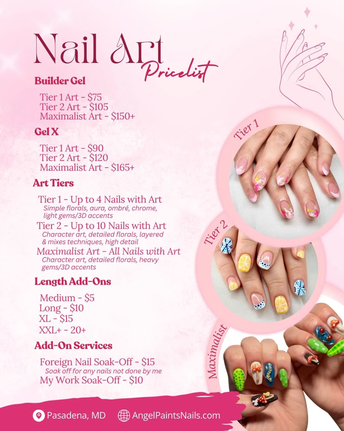 Getting my license at the end of August! Here&rsquo;s what my prices will be starting September 2026. Only taking clients who want nail art. 💅💕
AngelPaintsNails.com