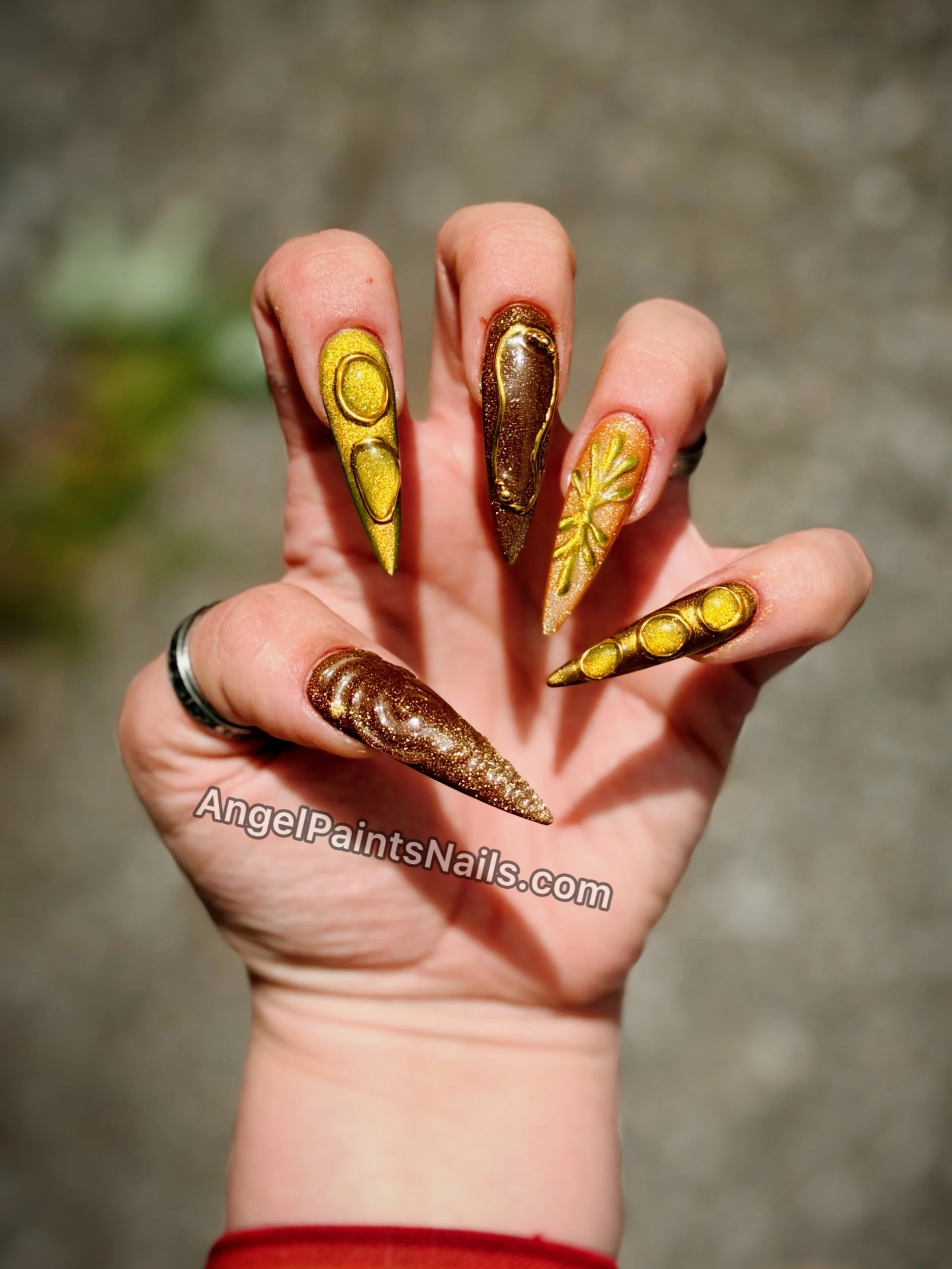 Green and Brown with Gold Chrome Fall Inspired Reusable Press On Nails
