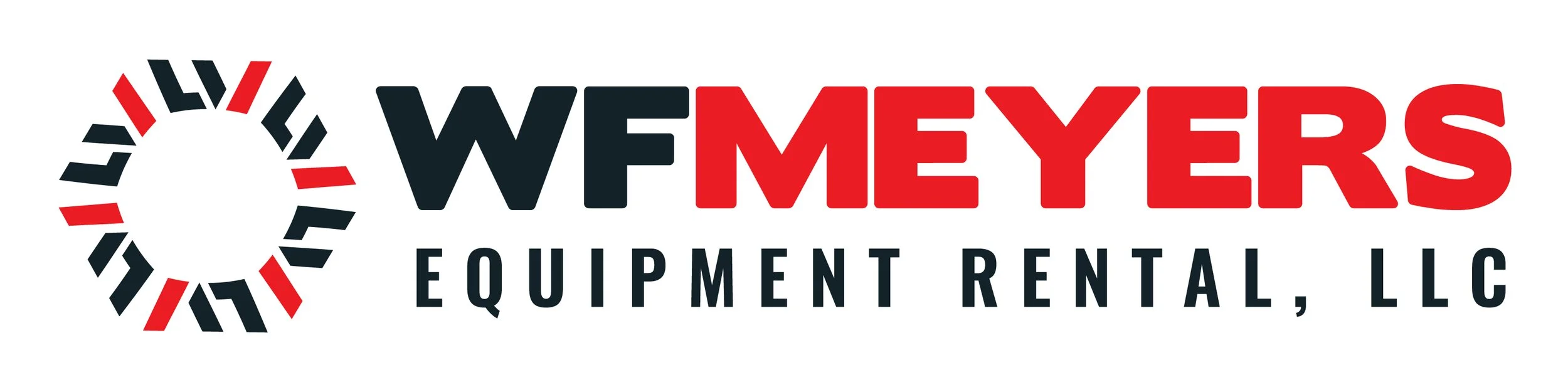 Logo for W F Meyers Equipment Rental, LLC featuring a circular design with black and red segments and the company name in bold black and red text.