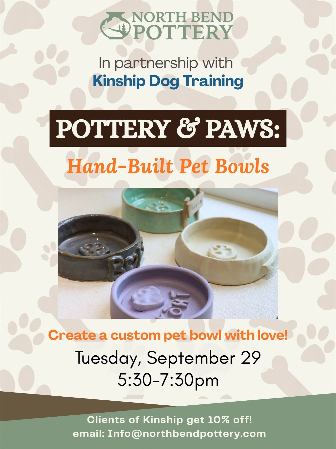 Join us @northbendpottery for an evening of creating and socializing with other dog lovers! Reserve your spot at www.northbendpottery.com - and don&rsquo;t forget to email about your Kinship student discount! Info@northbendpottery.com