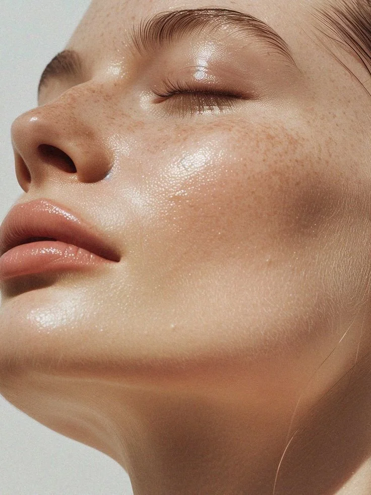 Close-up of a woman's face with glowing skin, closed eyes, and natural makeup.