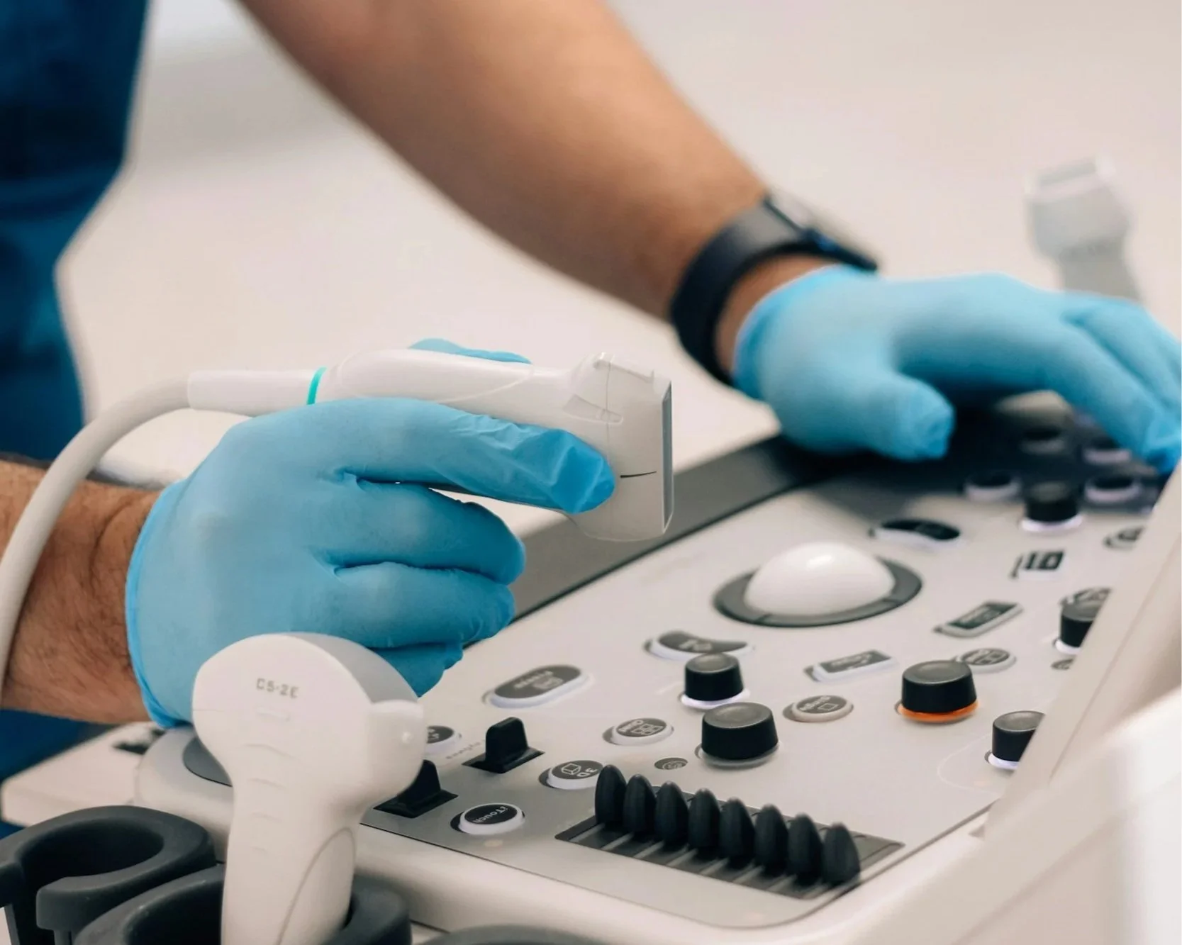 Close-up of modern ultrasound equipment and probe used for high-quality diagnostic imaging