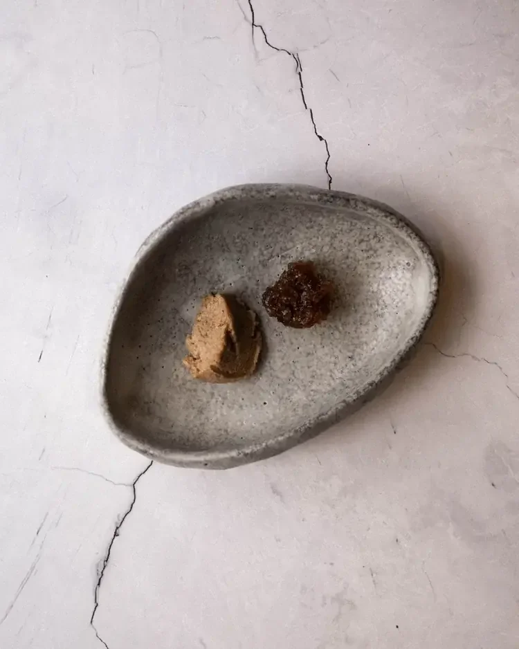 A smooth light-brown paste and a dark, glistening fruit jam.