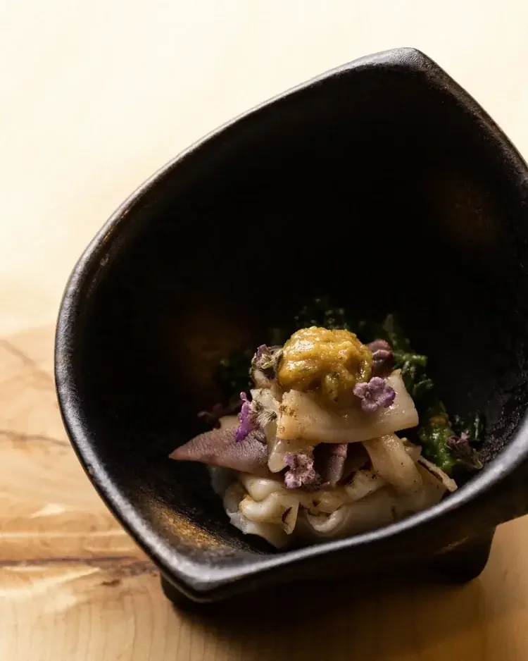 Ika (Squid) Sunomono with Karashi Sumiso (mustard vinegar miso).