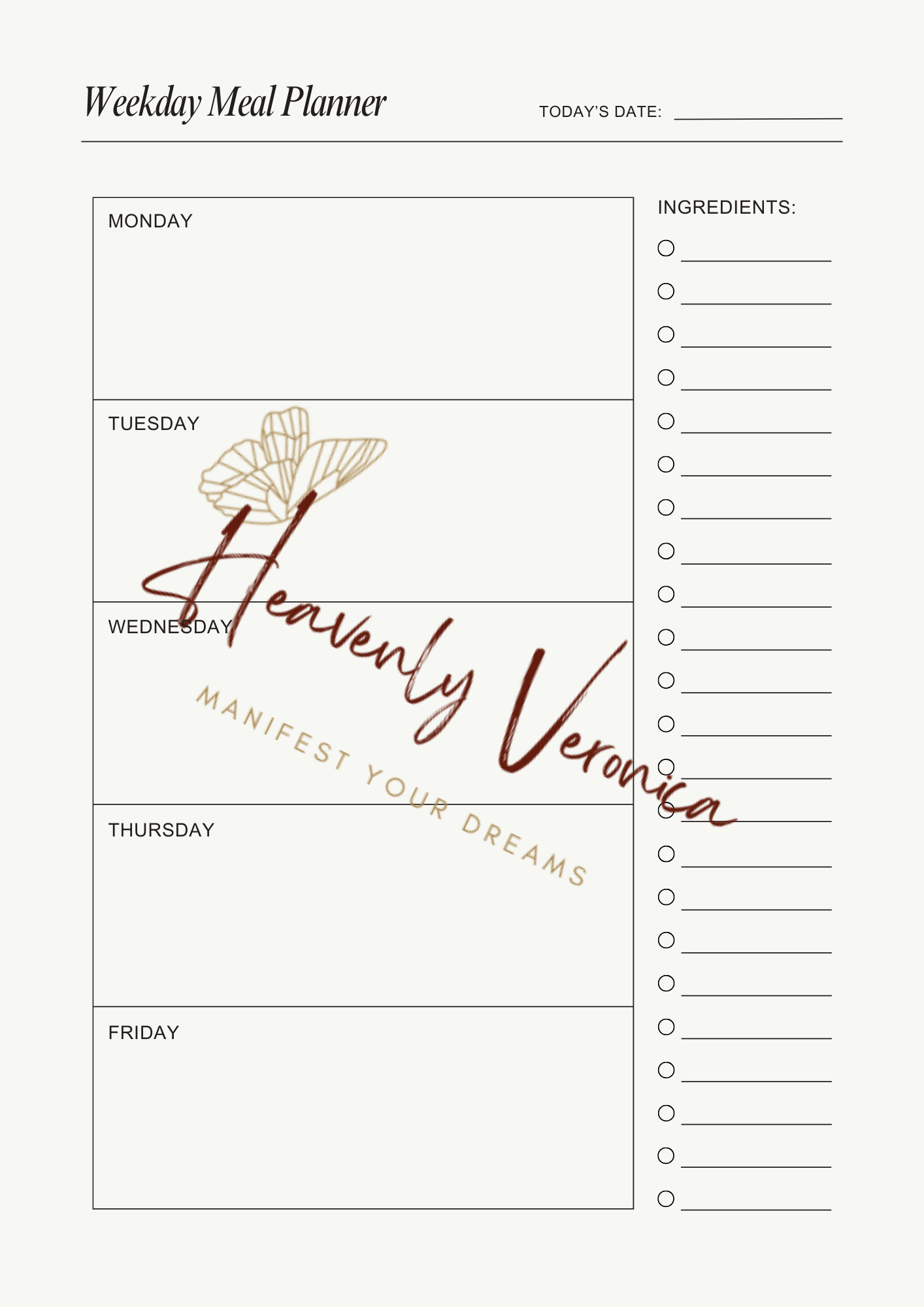 Plain weekly meal planner