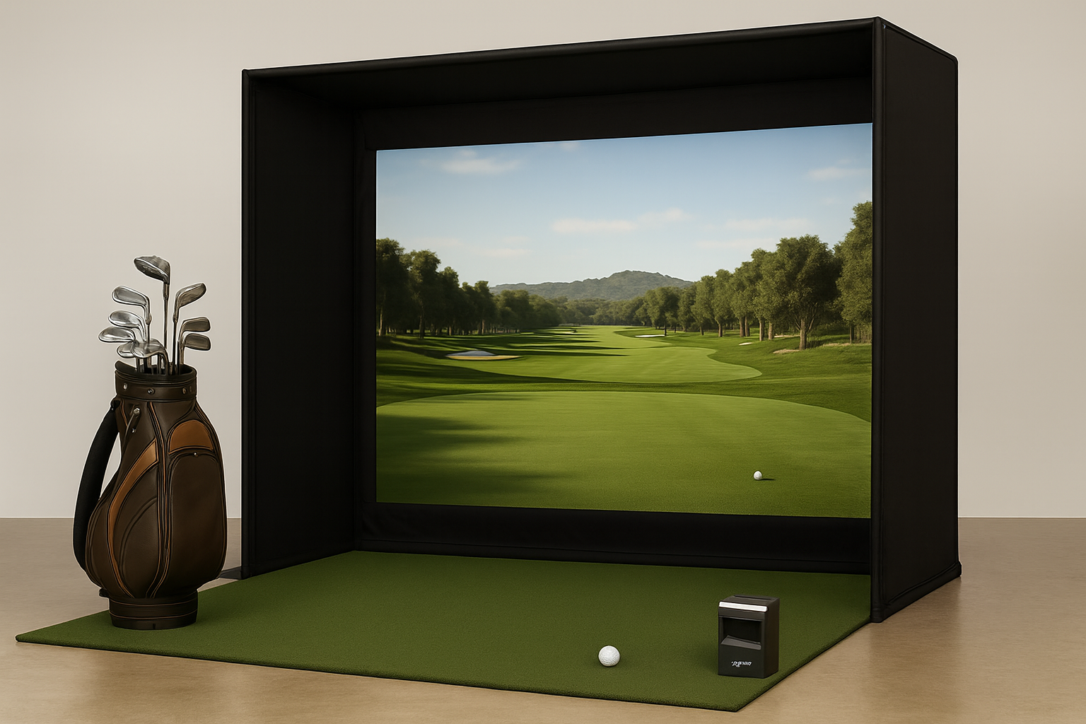 Indoor golf simulator setup with a golf bag containing clubs, a golf ball, and a putting green with an outdoor golf course projected on the screen.