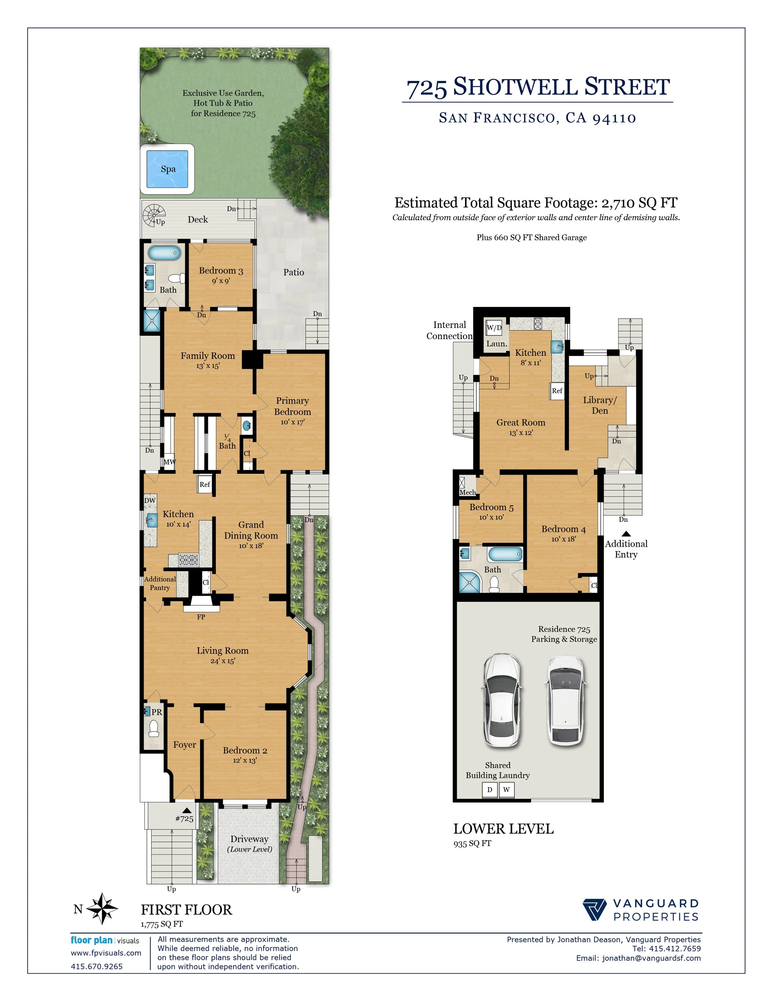 Floor plan for a home with a front yard, driveway with parking, and multiple rooms including bedrooms, bathrooms, a living room, kitchen, dining room, family room, and a lower level with an additional bedroom, bathroom, laundry, and storage space.