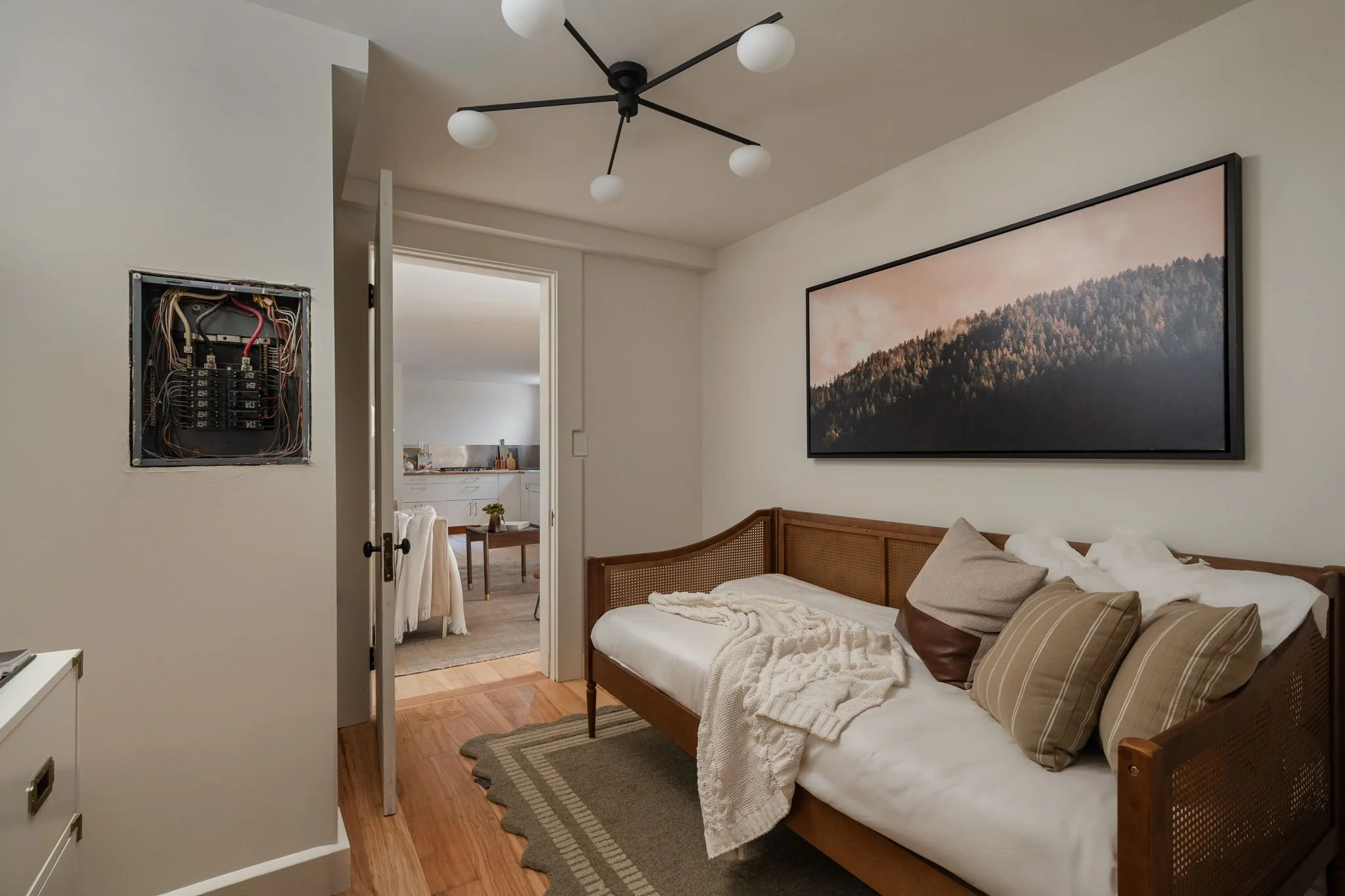 Living room with a sofa, a large framed landscape painting on the wall, a ceiling light fixture, and an open door leading to a kitchen area.