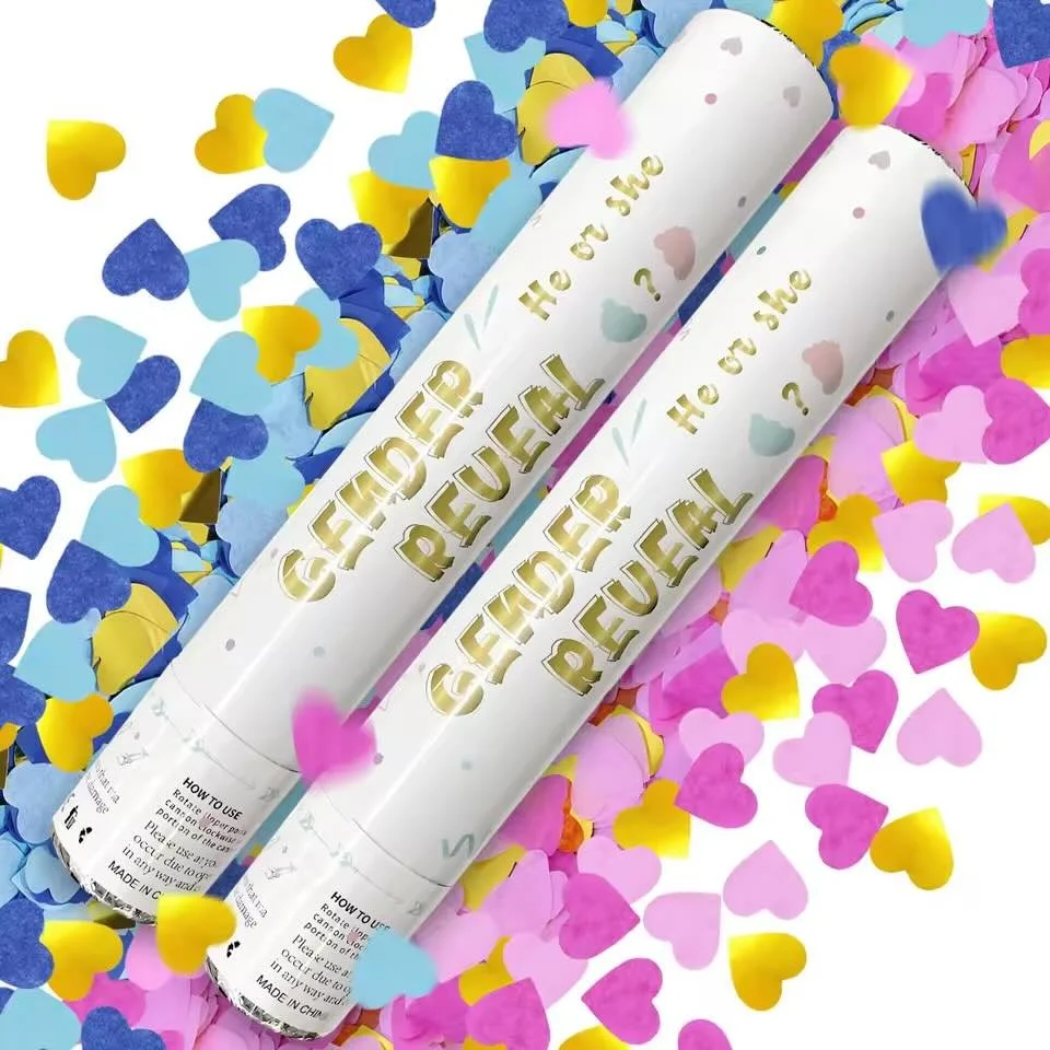 Pink and blue gender reveal cannons available at Baby Bliss Ultrasound in Houston TX