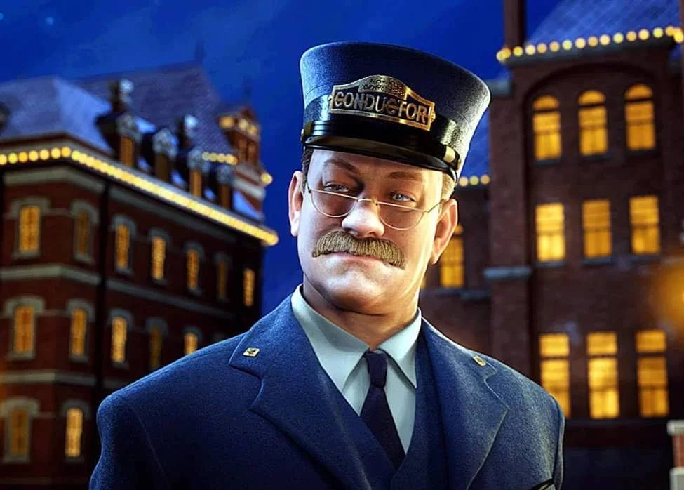 A still from the film The Polar Express featuring Tom Hanks' train conductor character