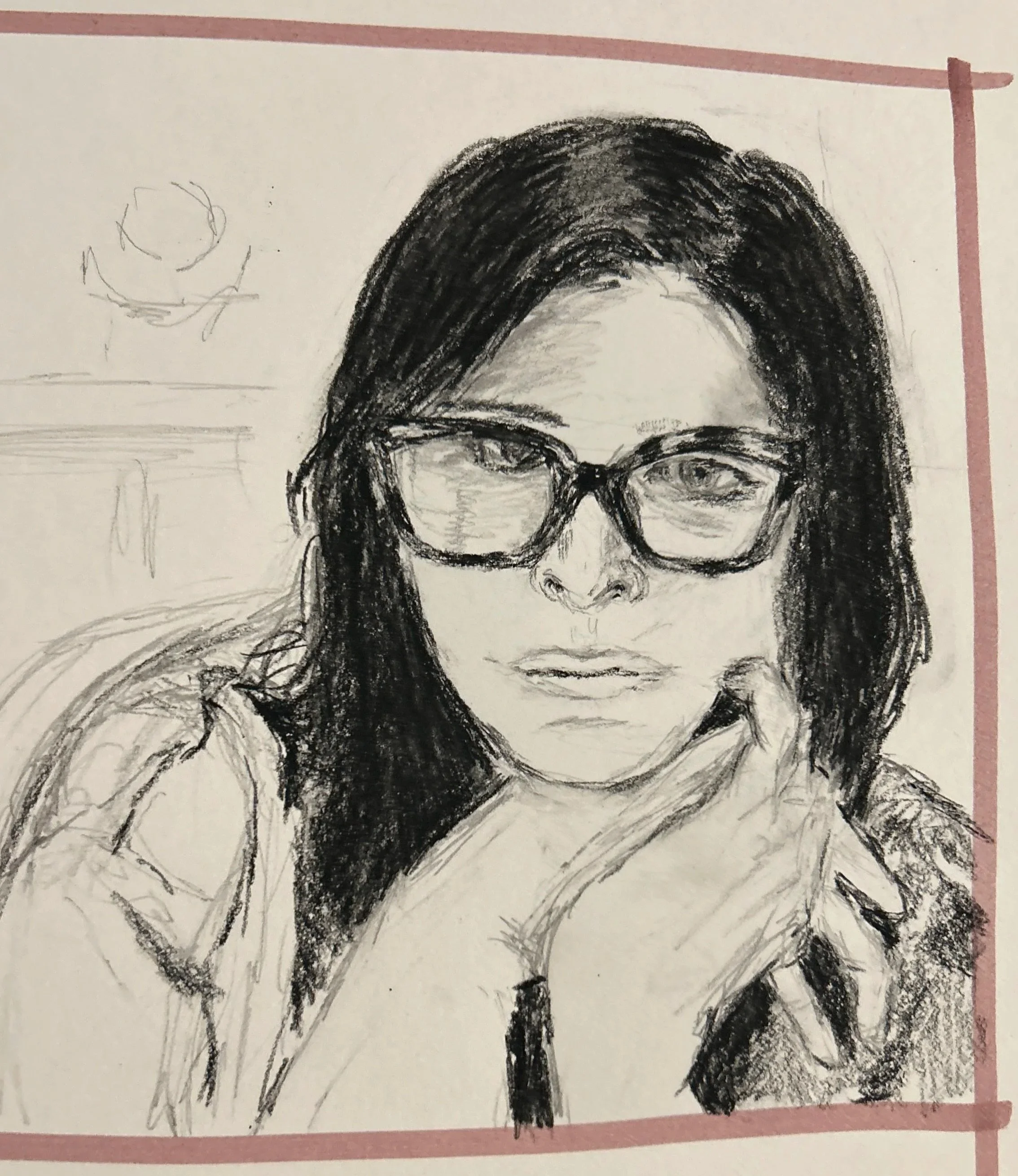 A charcoal drawing of a woman wearing thick glasses and clasping her hands under her chin