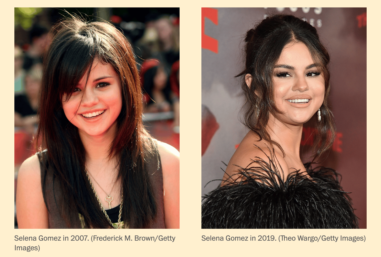 Side-by-side images of Selena Gomez in 2007 and 2019