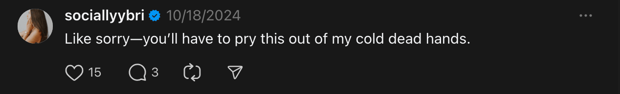 A screenshot of a comment that reads, "like sorry—you'll have to pry it [the em dash] out of my cold, dead hands