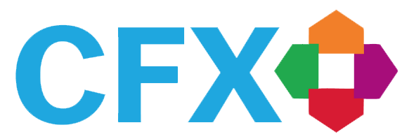 CFX logo with colorful hexagon shapes in purple, red, green, and orange.