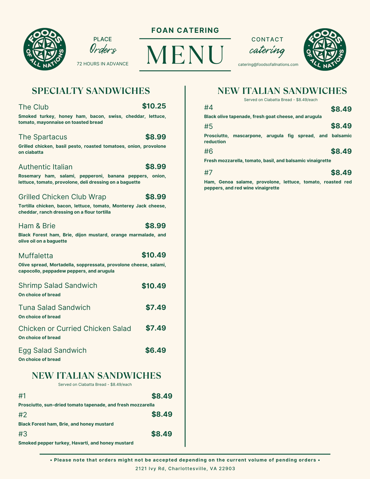 Menu from Foan Catering listing specialty sandwiches, new Italian sandwiches, hot sandwiches, and prices, with contact information and location in Charlottesville, VA.