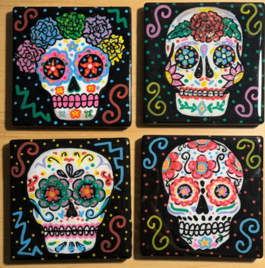 "Sugar Skulls" By Carmen Casillas-
Acrylic on ceramic coaster set