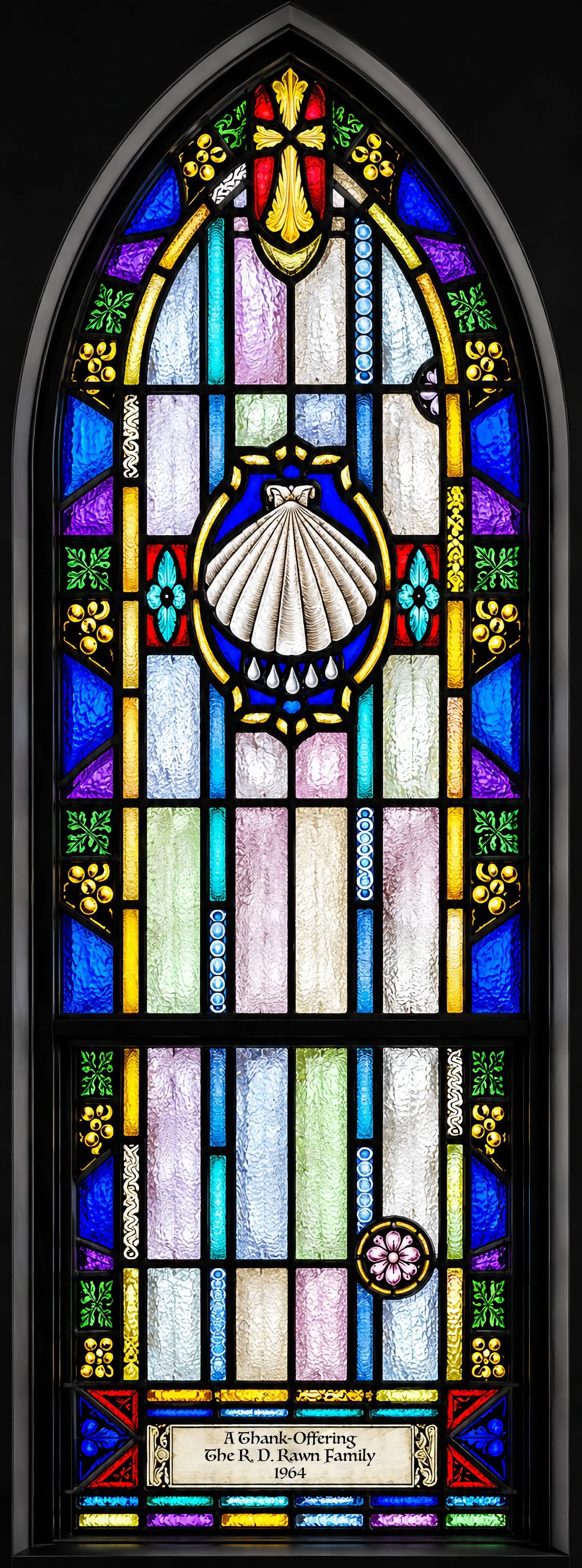 Baptism. A scallop shell with drops of water recalls Christ's baptism in the Jordan (Mark 1:9–11). Medieval pilgrims to the shrine of St. James at Compostela wore the scallop as their emblem; here it suggests that our own pilgrimage, like Christ's mi