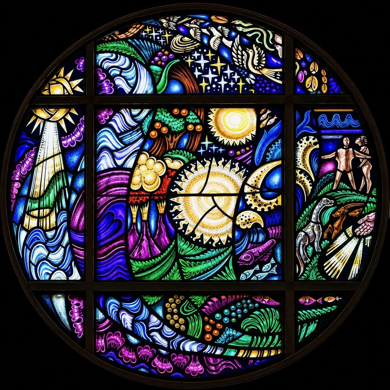   Days of Creation 
North transept | Genesis 1  
This swirling composition reads left to right across the six days of creation. The First Day shows the Spirit of God moving over the waters in the upper left. The Second separates water below from "vap