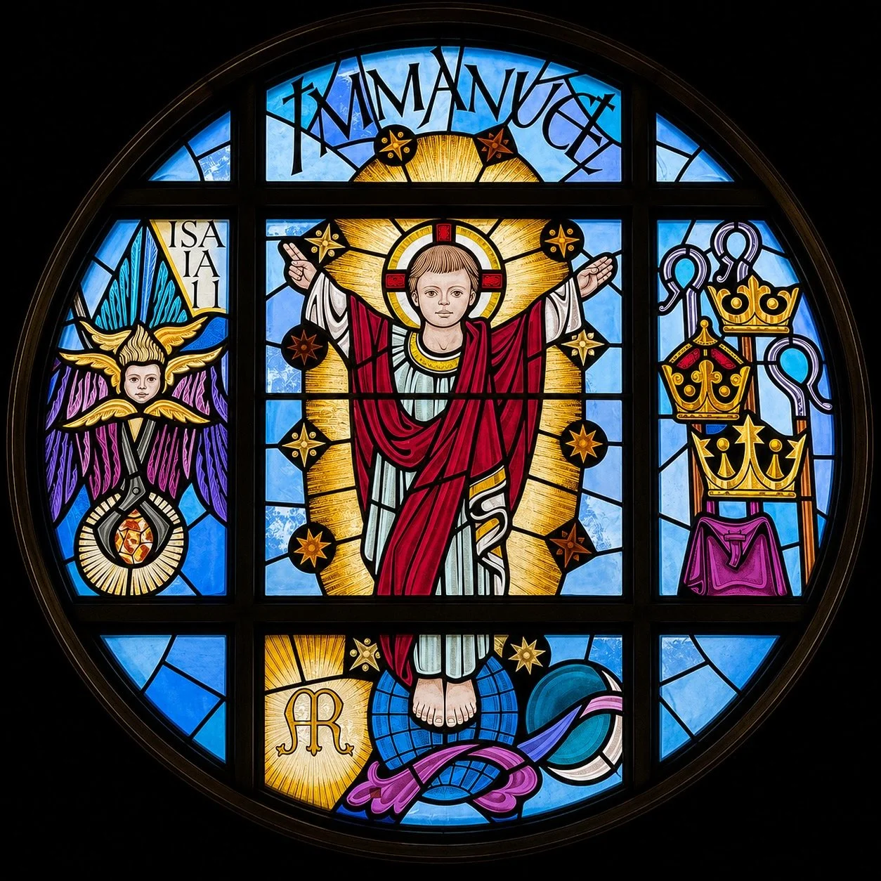   Incarnation 
Above the balcony | Isaiah 7:14  
Based on Isaiah's prophecy, "Behold, the Virgin shall conceive, and bear a son, and shall call his name Immanuel," the window centers the Christ child with the earth as his footstool and the moon benea