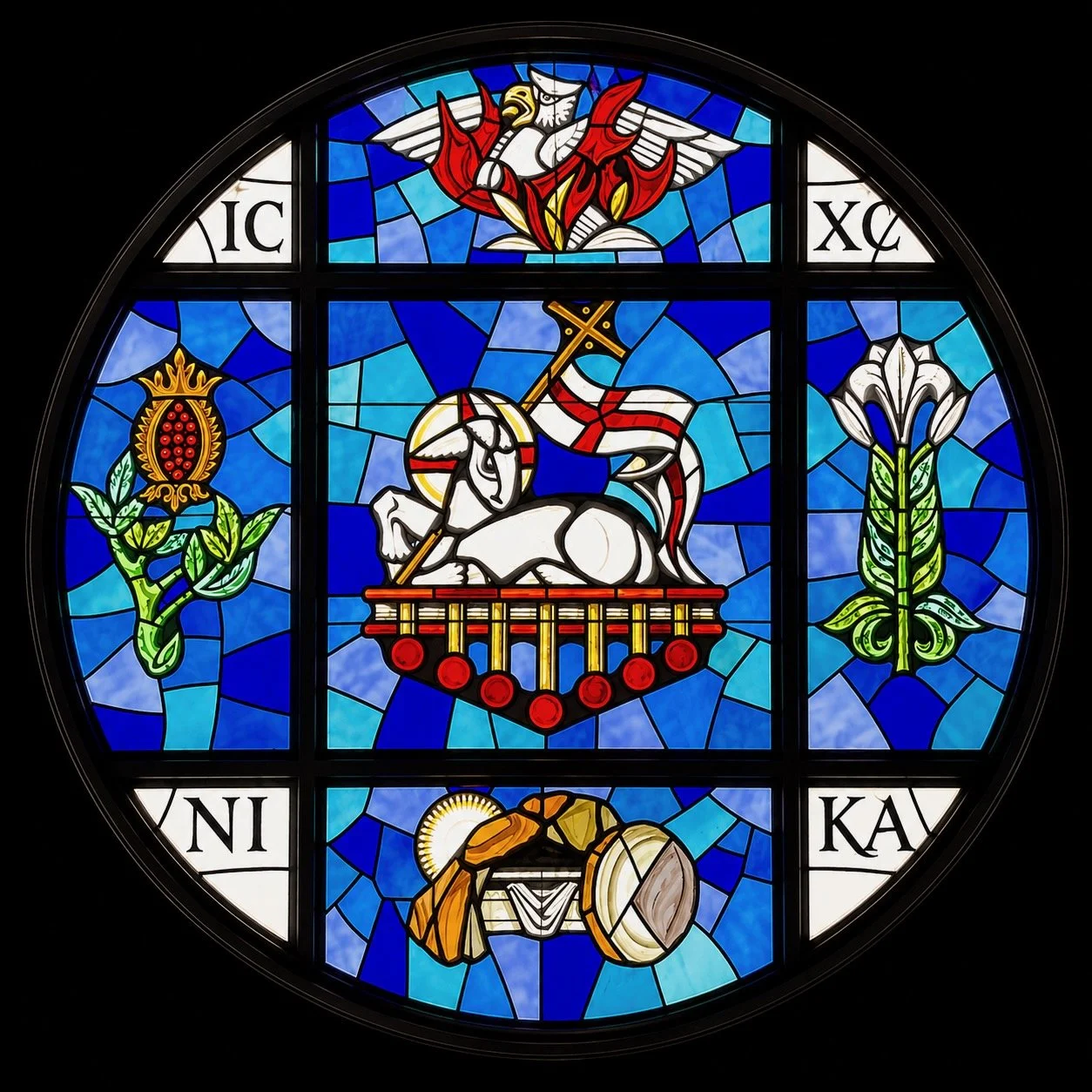   Resurrection 
Over the altar | Revelation 5  
The shape of the cross is accented in the predominantly blue background, with the corner panels inscribed ICXC NIKA, "Jesus Christ, Conqueror." At the center, the Agnus Dei holds the Banner of Victory, 
