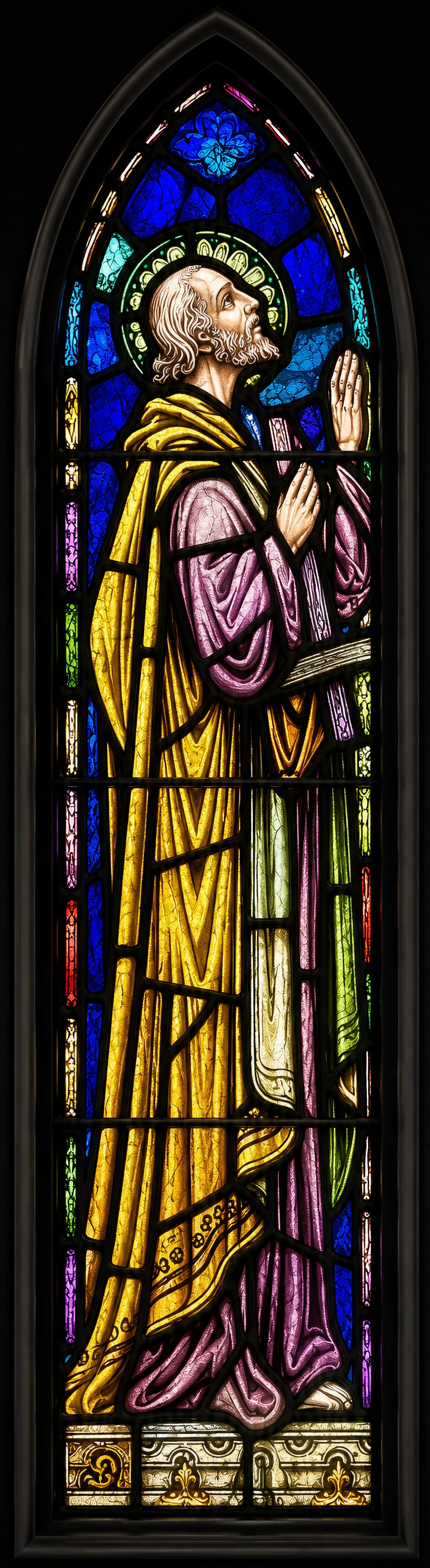 St. Peter. To Jesus' right, our patron carries an inverted cross — a reference to the tradition that Peter, martyred under Nero, asked to be crucified upside down, judging himself unworthy to die as his Lord had.