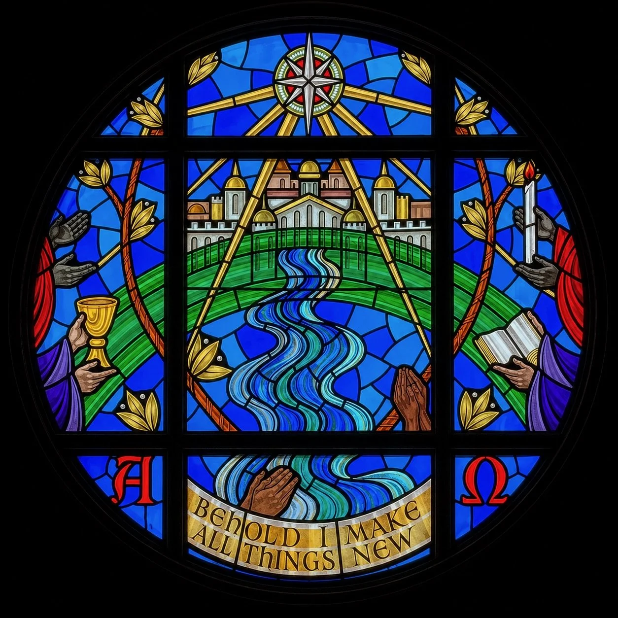   New Creation 
South transept | Revelation 21–22  
This window draws from John's vision of the New Jerusalem. At the top is the morning star (Revelation 22:16), with rays signifying Christ as the Light of the World. Below is the Celestial City comin