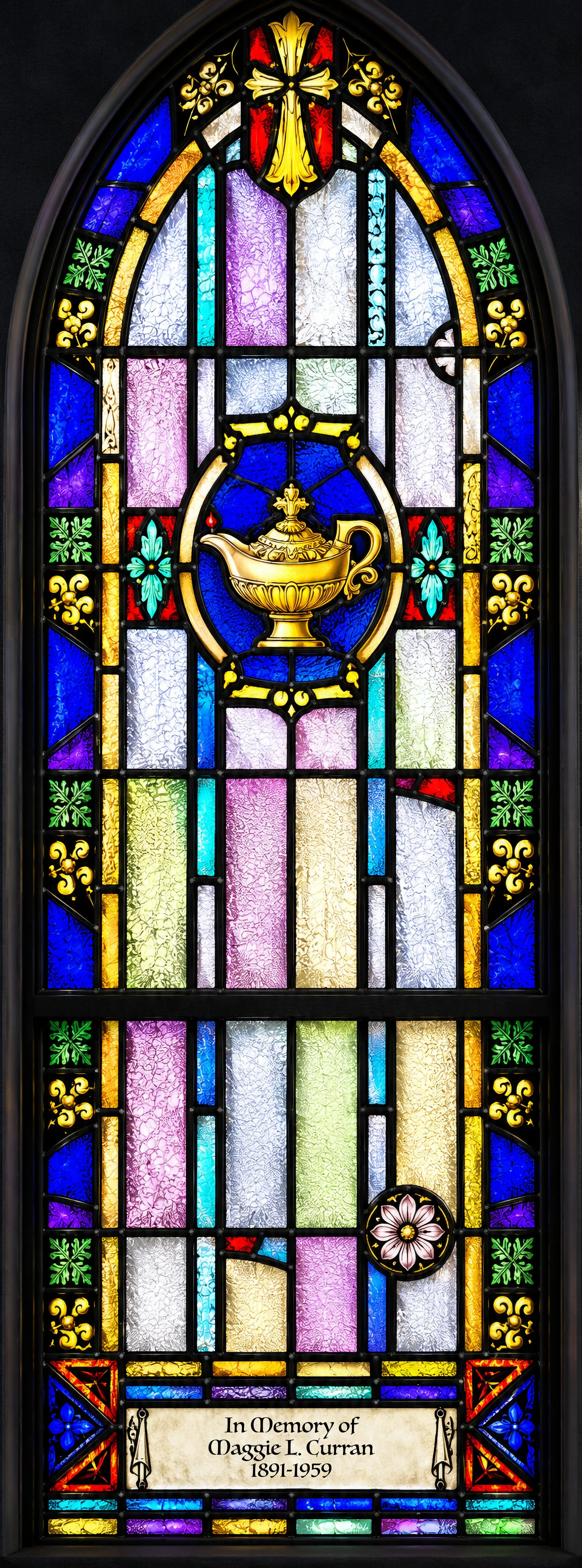 Teaching Ministry. An oil lamp, scriptural symbol of wisdom and the Word of God (Psalms 43:3; 119:105), points to the Sermon on the Mount (Matthew 5–7).