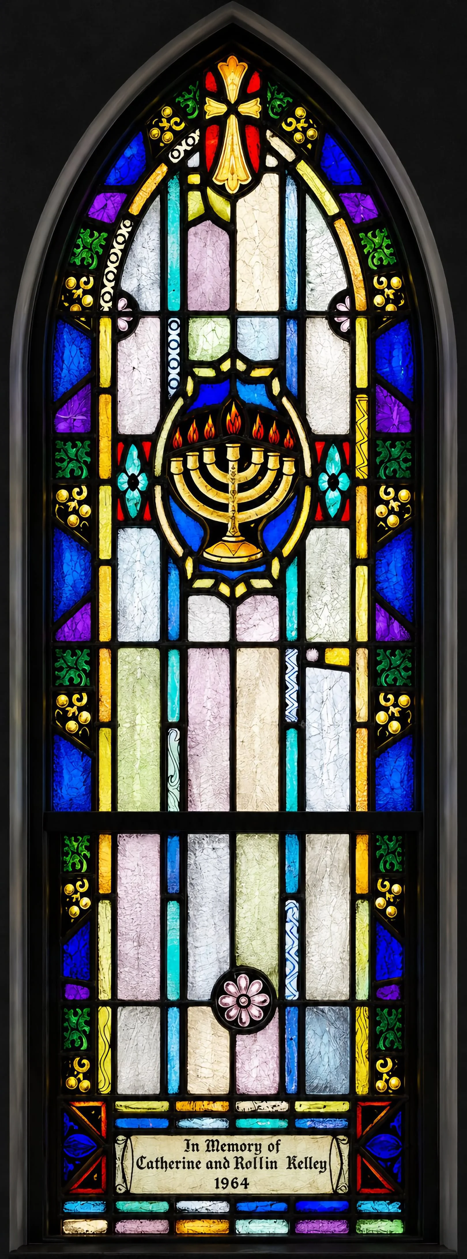 The Boy Jesus in the Temple. A seven-branched menorah represents the Temple in Jerusalem, where the twelve-year-old Jesus astonished the teachers with his understanding (Luke 2:41–51).