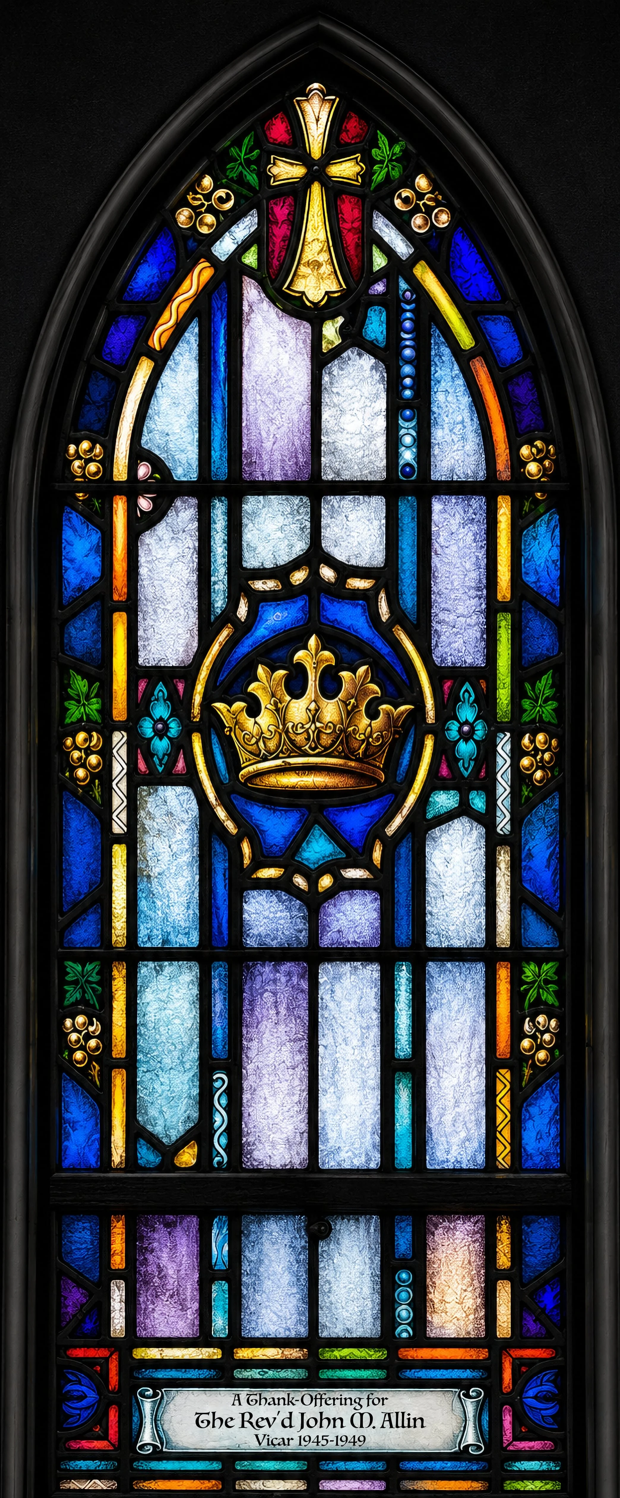 Christ the King (Epistle side, nearest the door). A golden crown — "for he is Lord of Lords, and King of Kings" (Revelation 17:14). Given as "A Thank-offering for the Rev. John M. Allin, Vicar 1945–1949," who later served as Bishop of Mississippi and