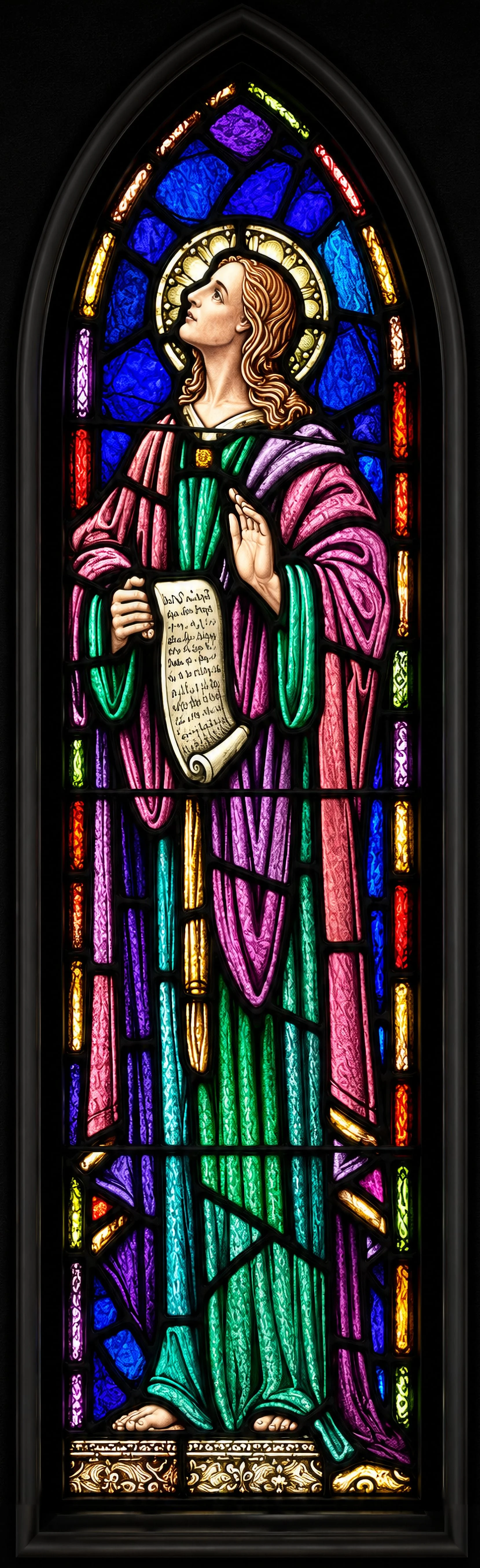 St. John the Beloved. To Jesus' left, the younger disciple holds a scroll, marking him as author of the Fourth Gospel.
Word and Sacrament.