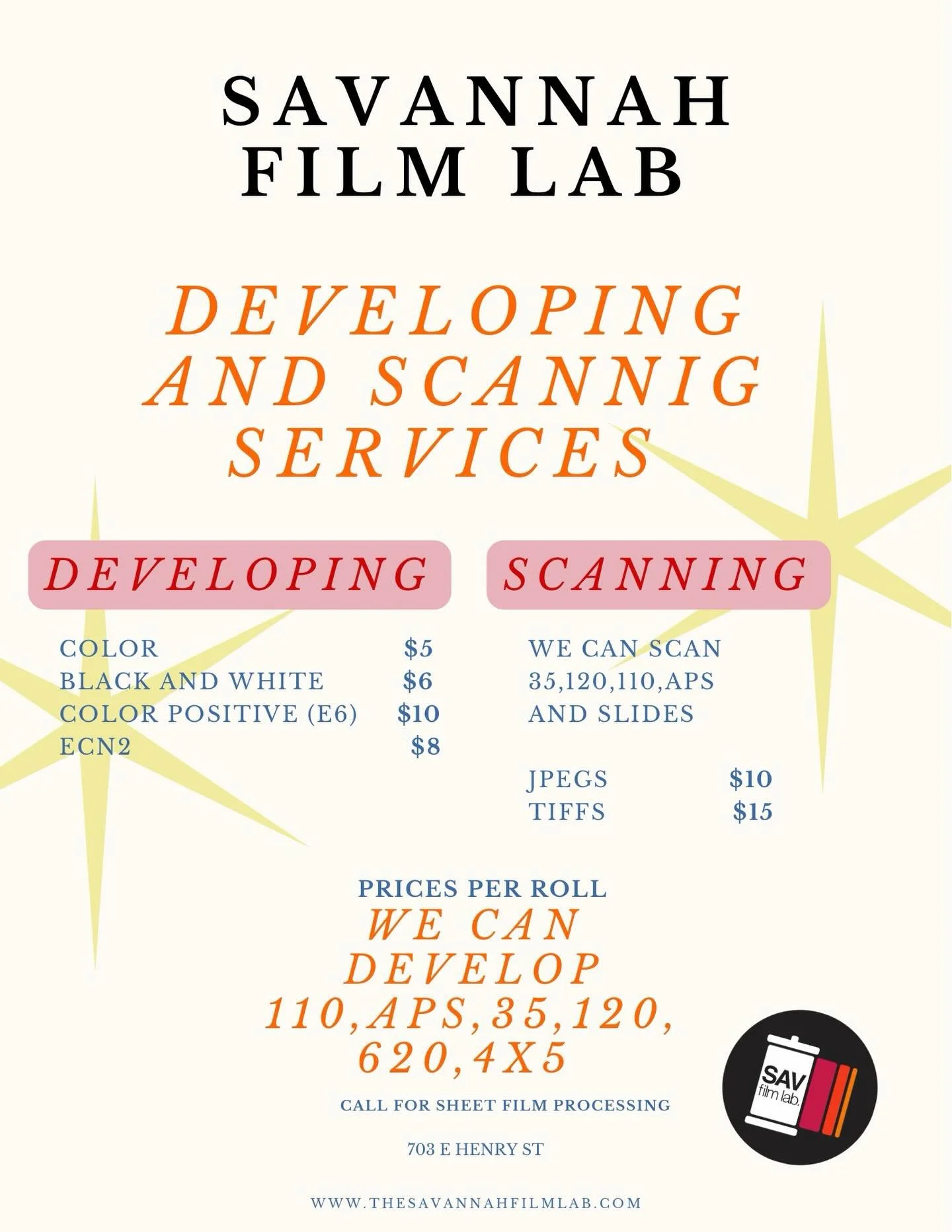 Just putting what we can do and the prices out there on our socials! 

We also can push and pull film! 

You can also mail in film to us for anyone out of town!