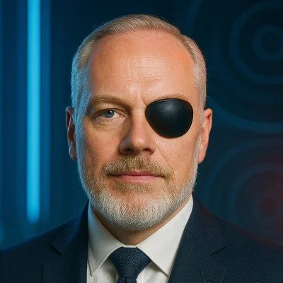 A man with a gray beard wearing a black eye patch over his right eye, dressed in a suit and tie, in a professional setting.