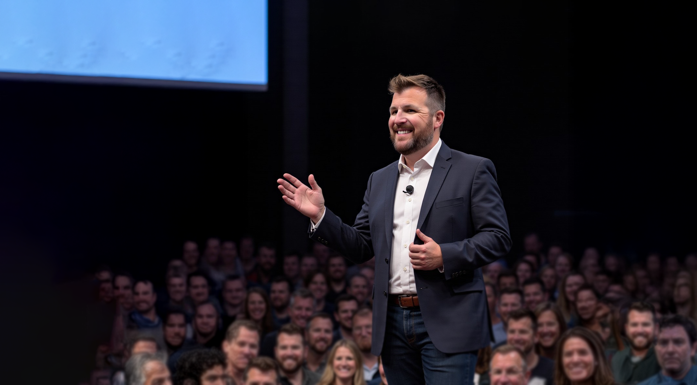 Man giving a presentation to a large audience, smiling, wearing a dark suit and white shirt, standing in front of a screen