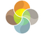 Abstract geometric logo with five overlapping multicolored circles surrounding a central shape, placed within a black speech bubble.