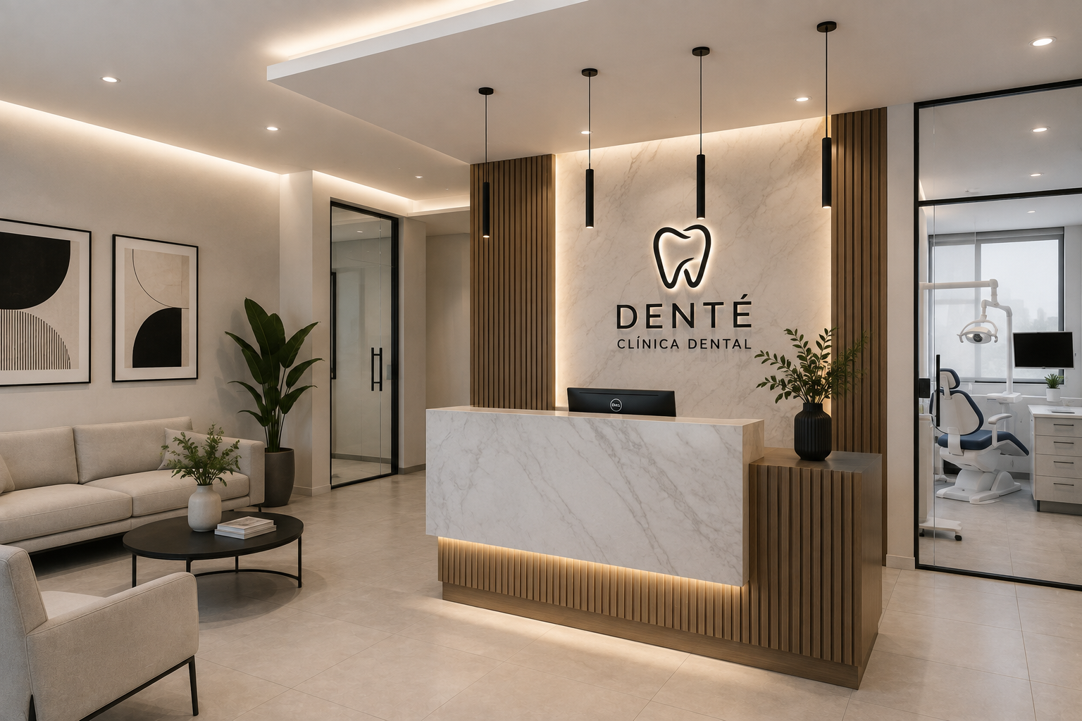 Recepción en una clínica dental moderna con muro de mármol, logo de diente, y área de espera con sofá y plantas decorativas.