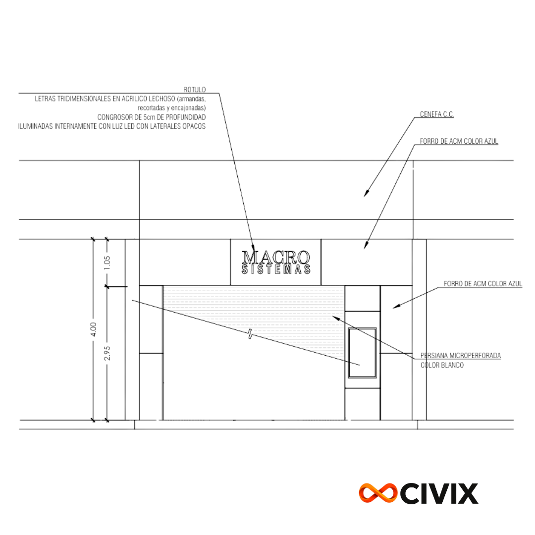 Plano técnico de una fachada de negocio con detalles de diseño y materiales. Incluye letras en acrílico lechoso, iluminación con luz LED, estructura de ACM azul, persiana microperforada blanca y un letrero con el nombre 'Macro Sistemas' en letras tridimensionales. Los detalles incluyen dimensiones y materiales usados en la construcción del frente del comercio.