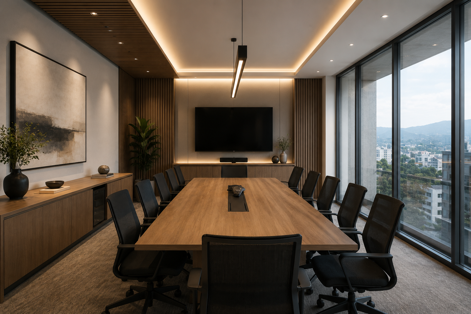 Sala de juntas moderna con mesa de madera, sillas negras, ventanas grandes con vista a la ciudad, decoración minimalista con plantas y cuadros.