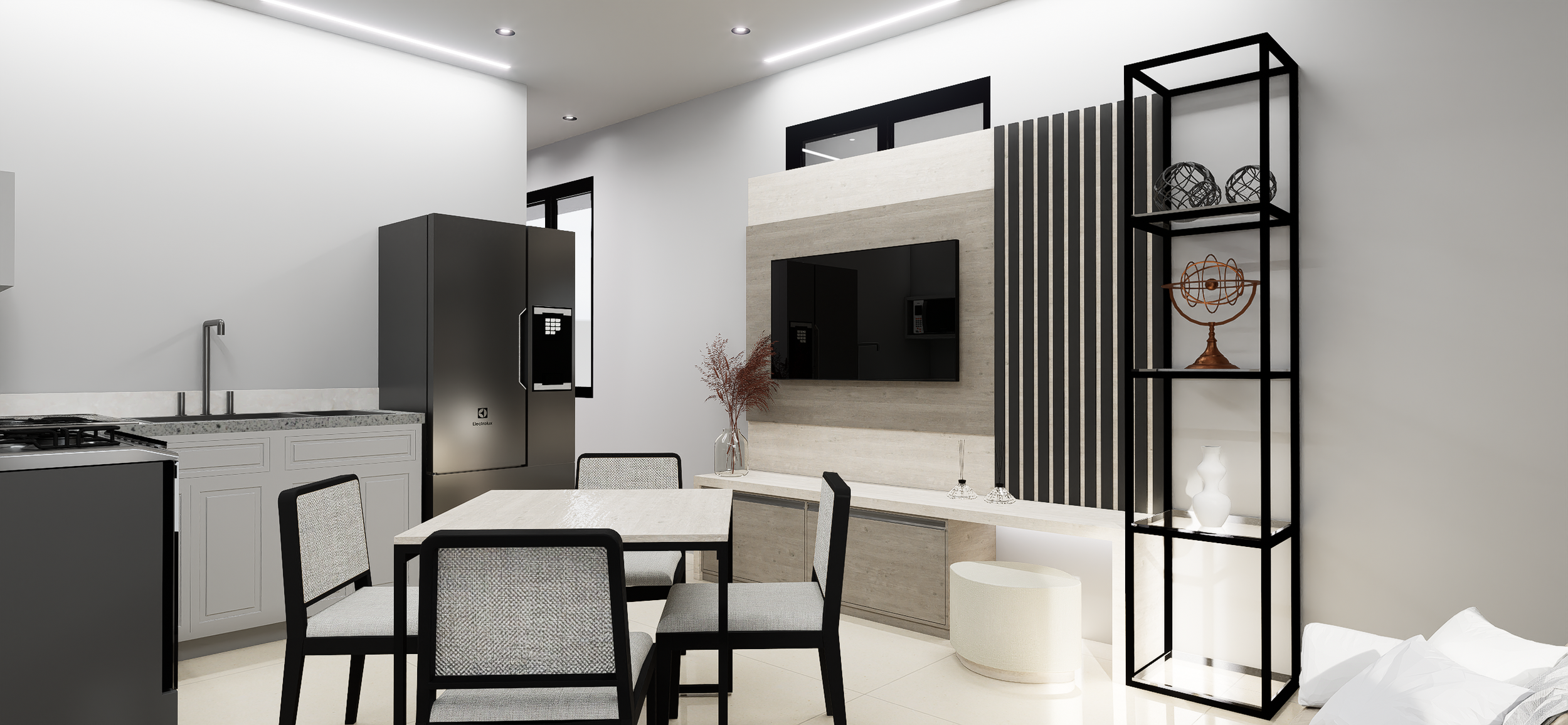 Interior moderno de departamento con cocina, comedor y sala de estar, decorado en tonos neutros con muebles negros y elementos decorativos de metal y cerámica.