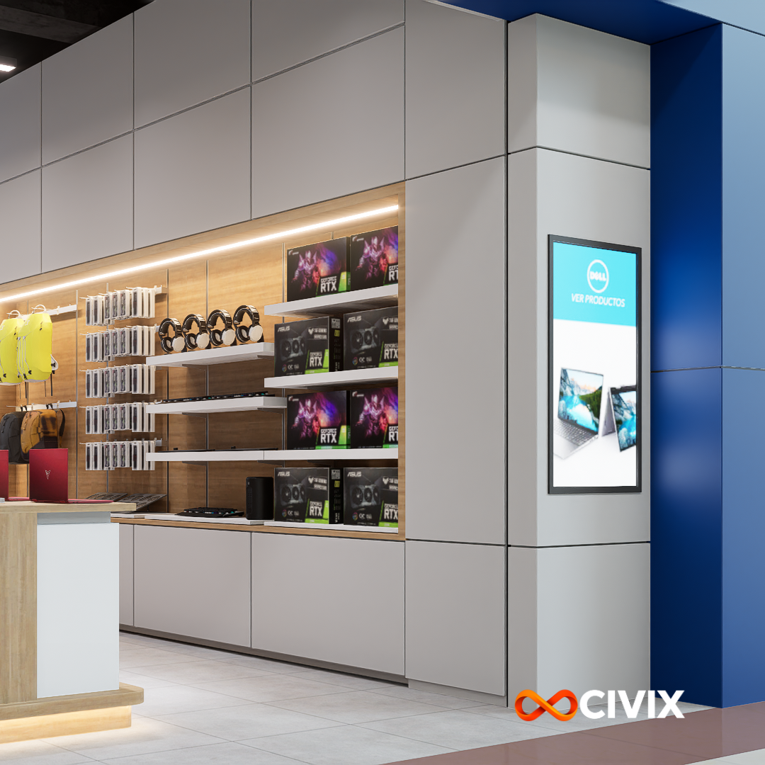 Sección de exhibición en una tienda de tecnología, con cajas de tarjetas gráficas RTX, audífonos y mochilas de colores, contra una pared de madera y un marco de paneles blancos y azules, con una pantalla digital de productos Dell.