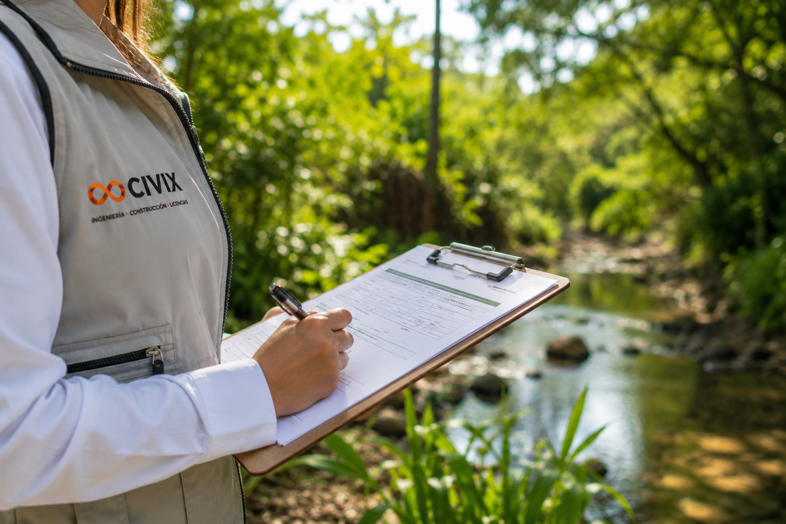 Persona sosteniendo un portapapeles y una pluma en un ambiente natural con río y árboles verdes.