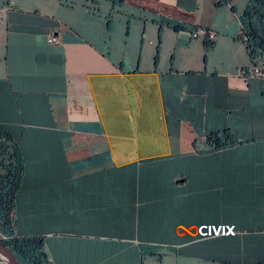 Imagen aérea de un terreno agrícola delimitado por una línea naranja, con parcelas de diferentes cultivos y árboles dispersos en el entorno.