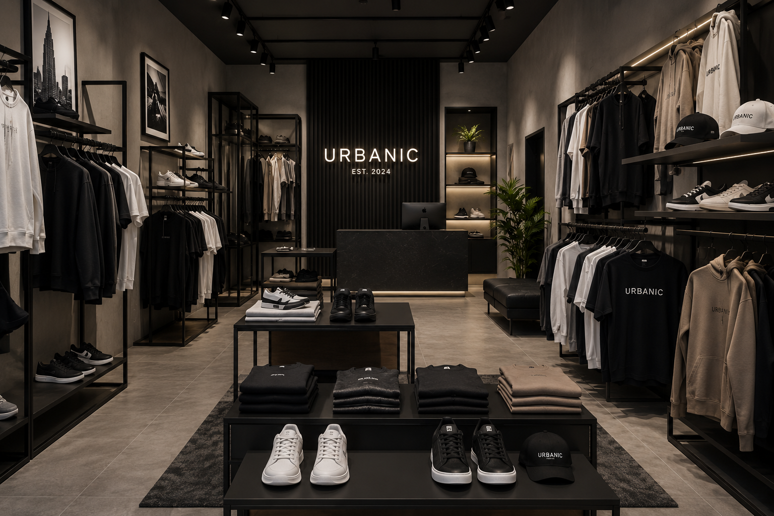 Interior de una tienda de ropa con exhibiciones de prendas deportivas y accesorios en colores neutros, con el logo 'URBANIC' y luces modernas.