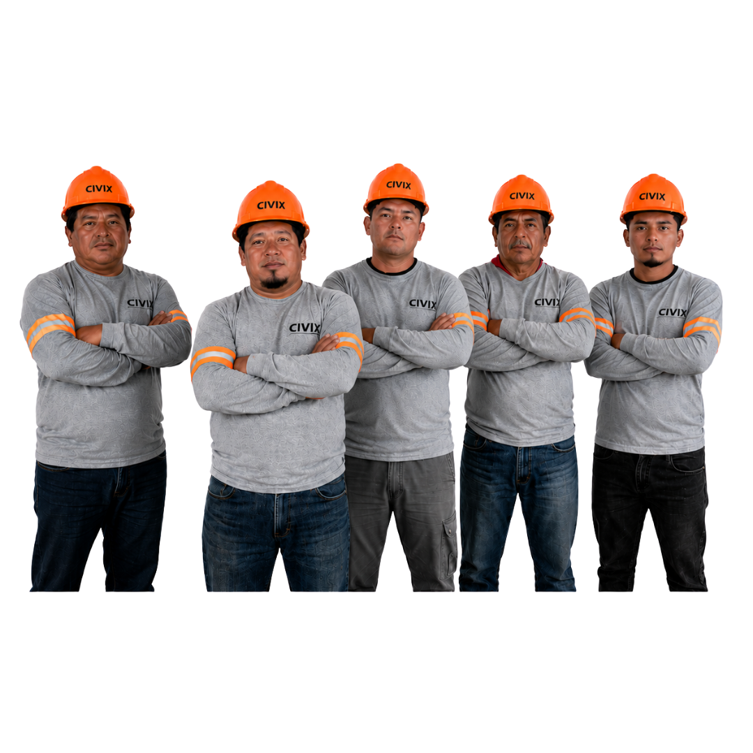Cinco hombres con camisetas grises, brazos cruzados y cascos cortos naranja con la marca CIVIX, de pie contra un fondo transparente.