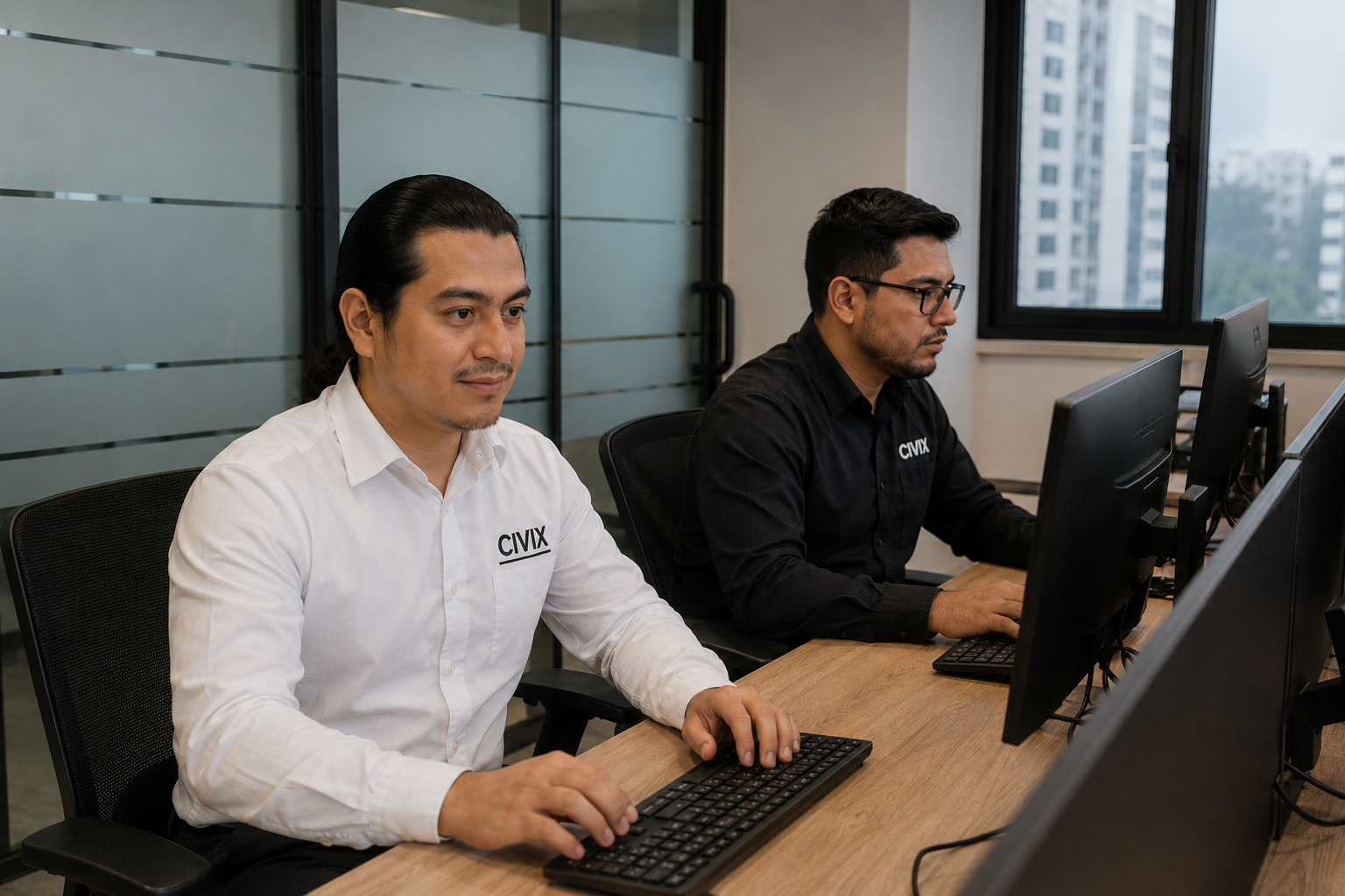 Dos hombres en oficina trabajando en computadoras.