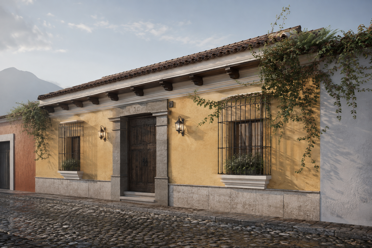 Casa colonial con paredes amarillas, ventanas con rejas de hierro y luz de atardecer.