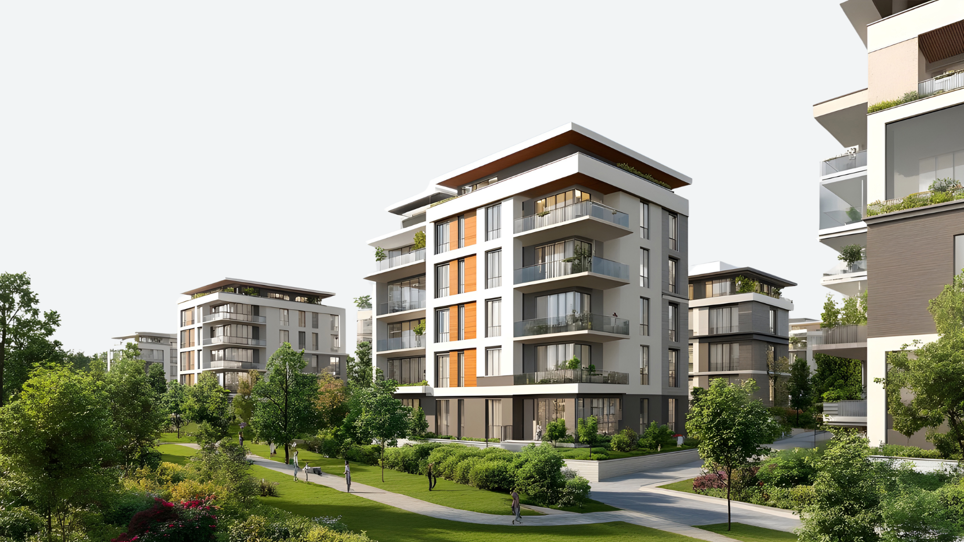Edificio moderno de apartamentos en un área con árboles y césped, con varias plantas y balcones. Se observa un entorno urbano y una zona verde con personas paseando.