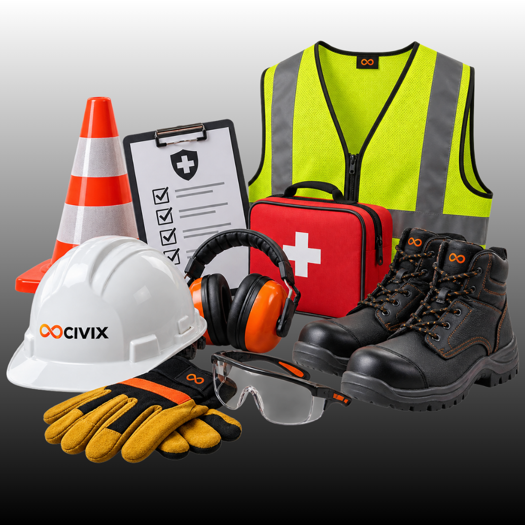 Equipo de seguridad e instrucciones para trabajos en construcción o emergencias, incluyendo casco, guantes, botas de seguridad, gafas, orejeras, chaleco reflectante, uniforme, radio, y un cartel de señalización naranja y gris.
