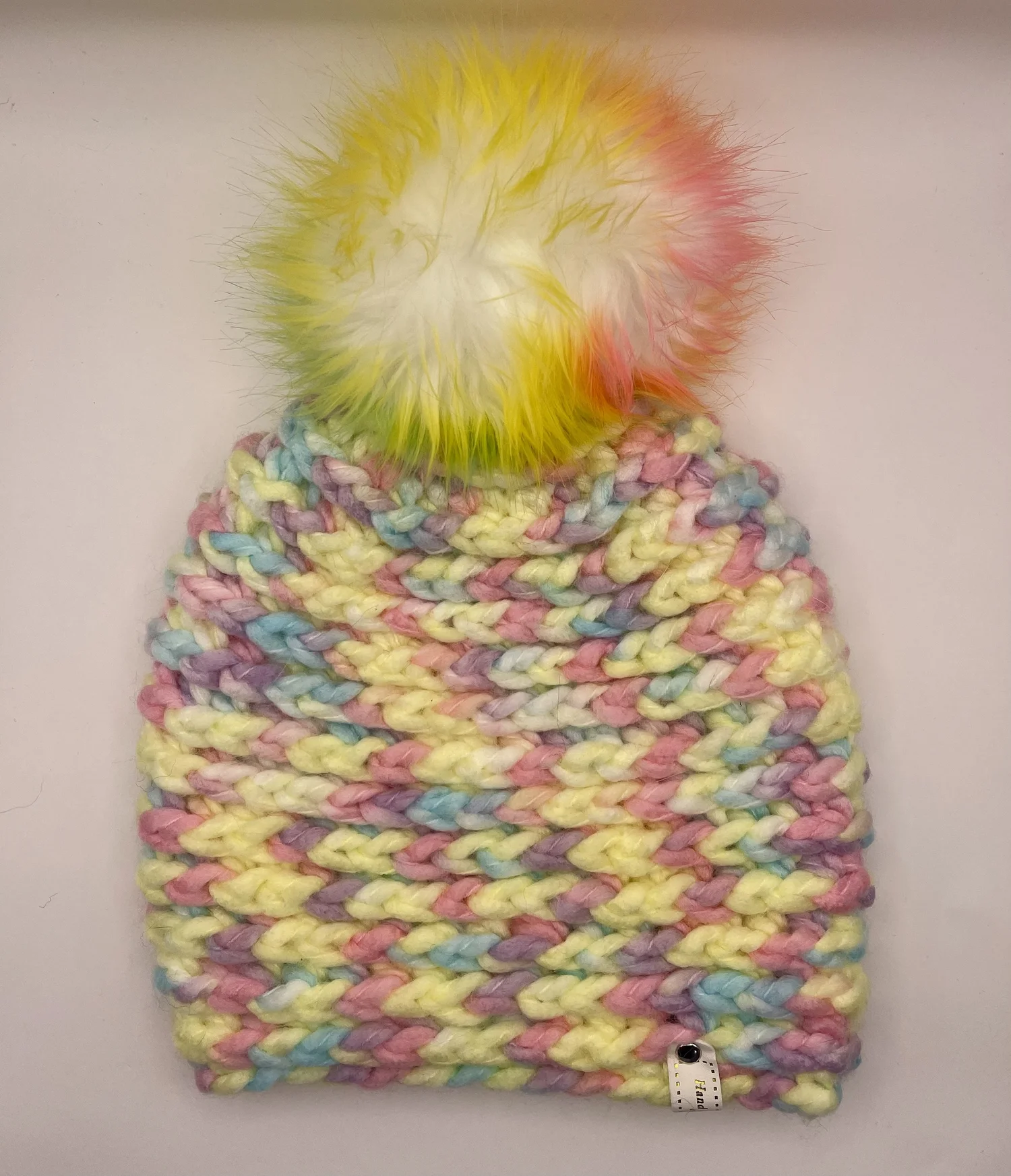Lollipop color beanie with yellow/orange/green/pink pom pom 